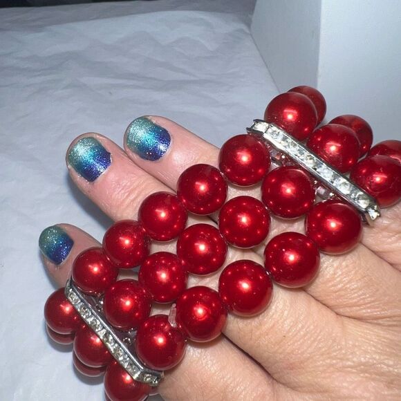 Vintage Red Faux Pearl and Rhinestone Three Band Stretch Bracelet - Picture 8 of 8